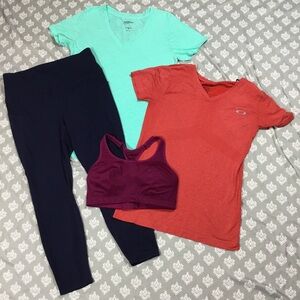 Athletic bundle of 4 size LARGE red and green tees, black pants purple bra top